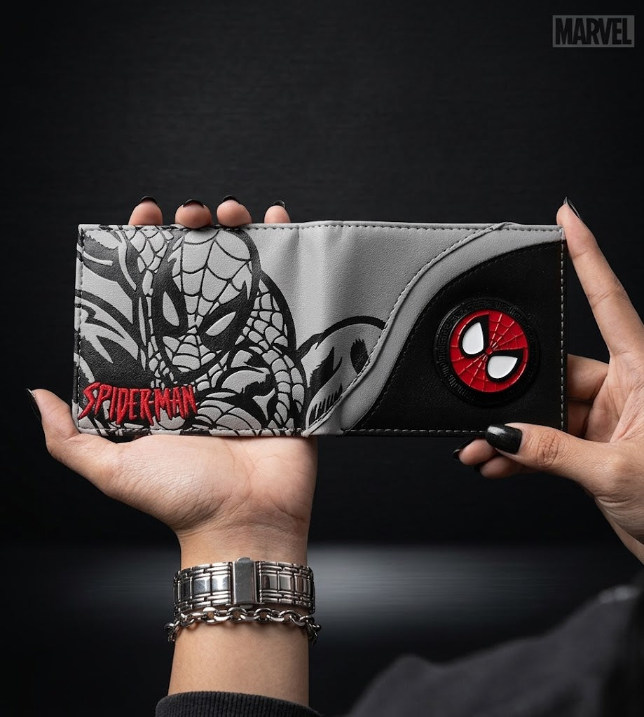 Premium Black & Grey Spider-Web Printed Wallet – Red Edition