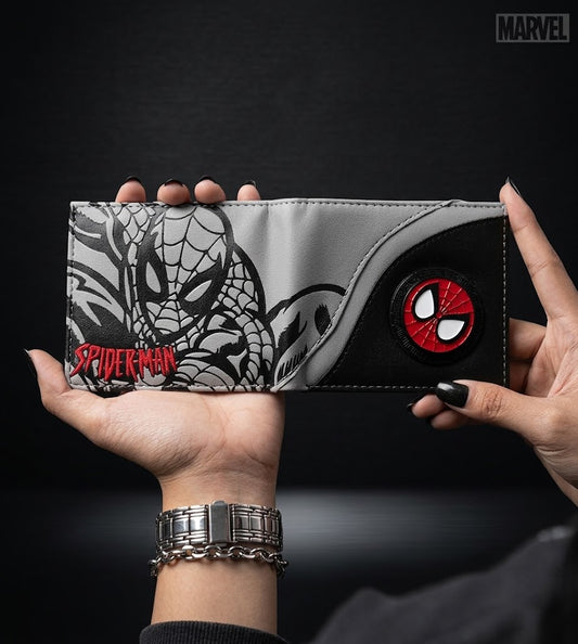 Premium Black & Grey Spider-Web Printed Wallet – Red Edition